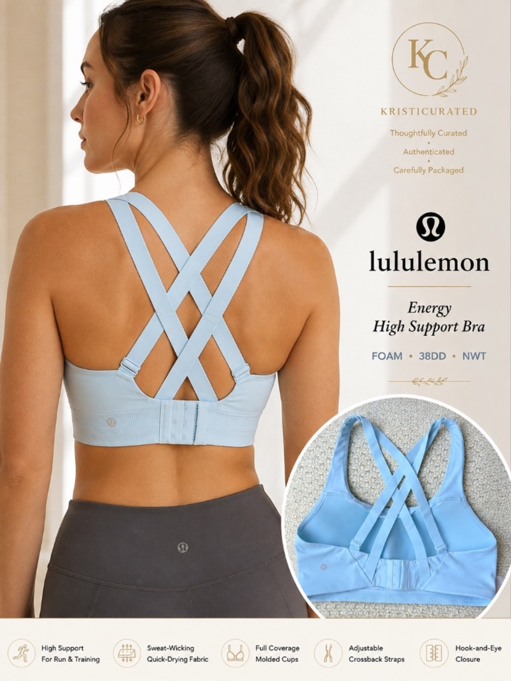Lululemon Energy High Support Bra Foam 38DD NWT Crossback